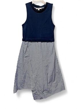 Carven Navy Top with Navy-and-White Striped Asymmetrical Skirt